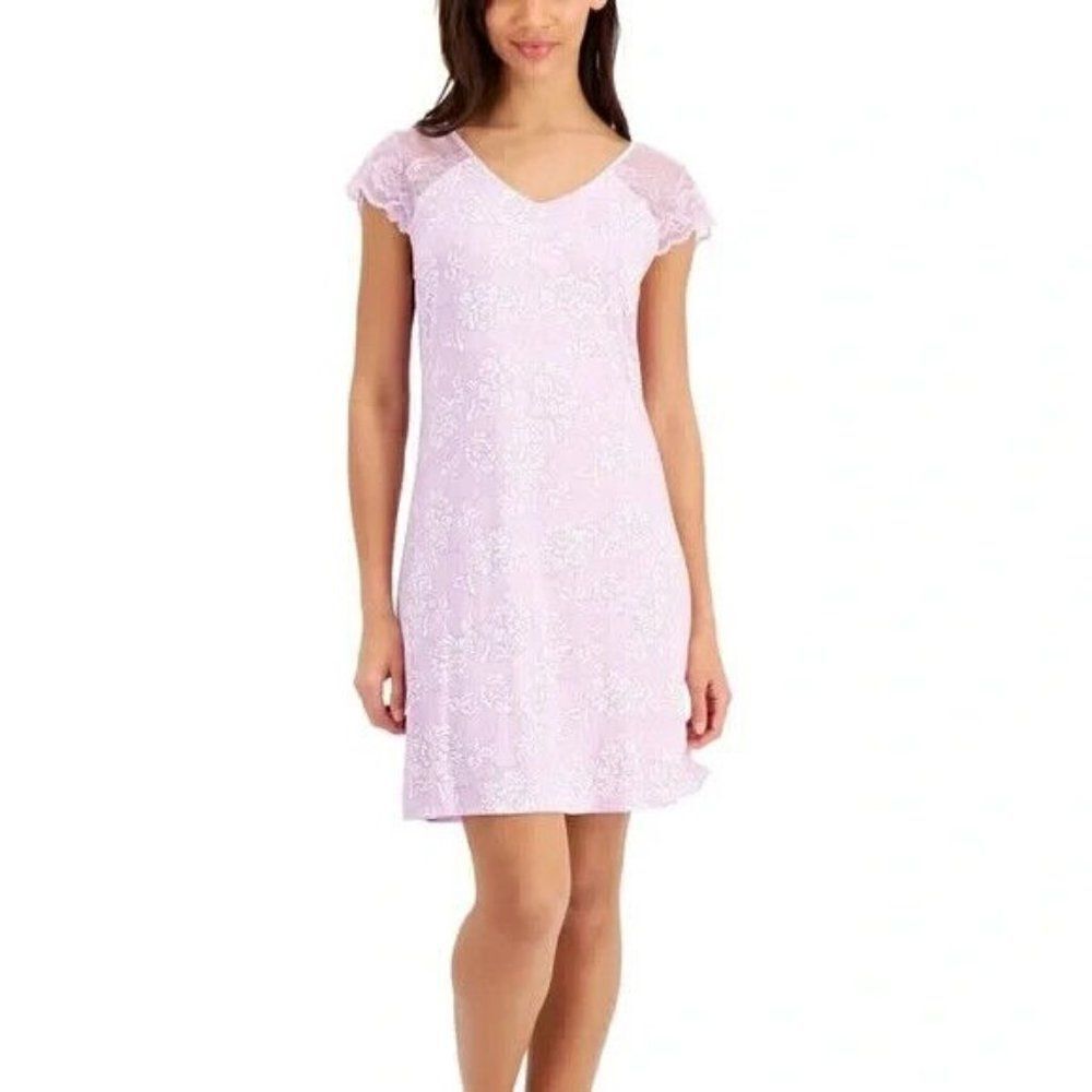 Charter Club Purple Chainstitch Floral Lace-Sleeve Chemise Nightgown XS NWT